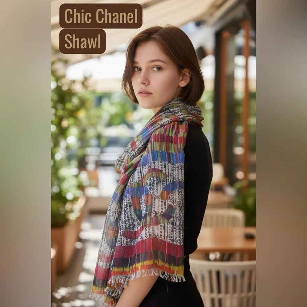 Auth Chanel Multicolor Cashmere Modal Silk Blend Striped Wrap Shawl Stole Scarf